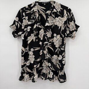 Karl Lagerfeld Paris Black & Ivory Floral Wrap Blouse Top | Women’s L
